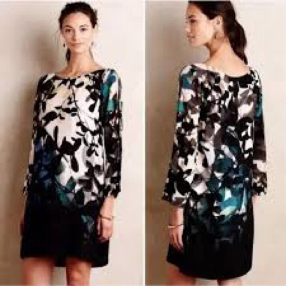 Anthropologie Maeve Shaded Garden Shift Watercolor Dress Small Long Sleeve